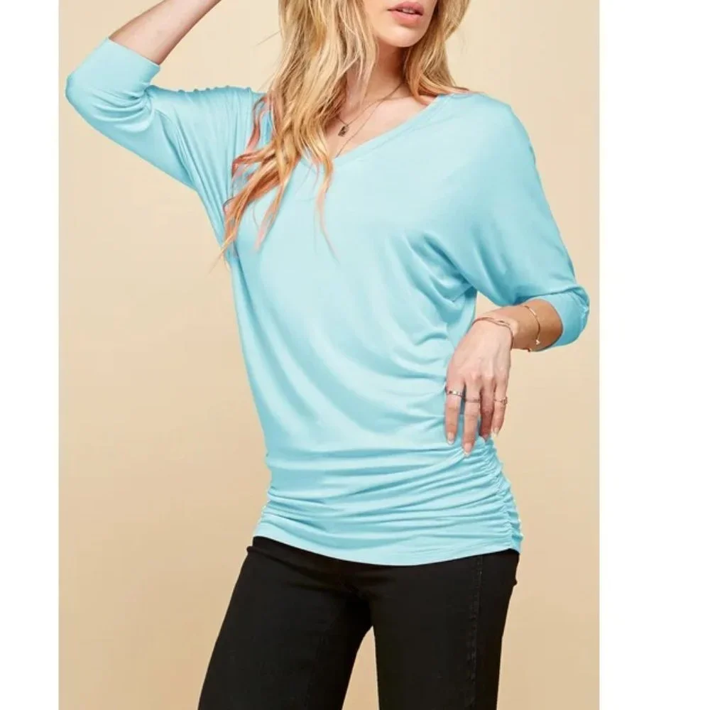 Made by Johnny Women's V-Neck 3/4 Sleeve Dolman Top with Side Shirring XXXL Blue - Picture 3 of 9